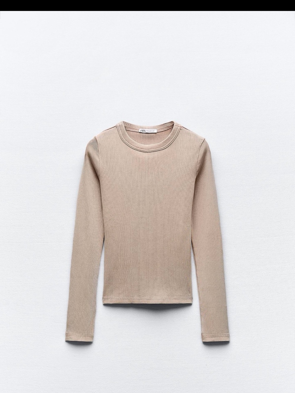 Zara Neutral Ribbed Crewneck Long Sleeve Top